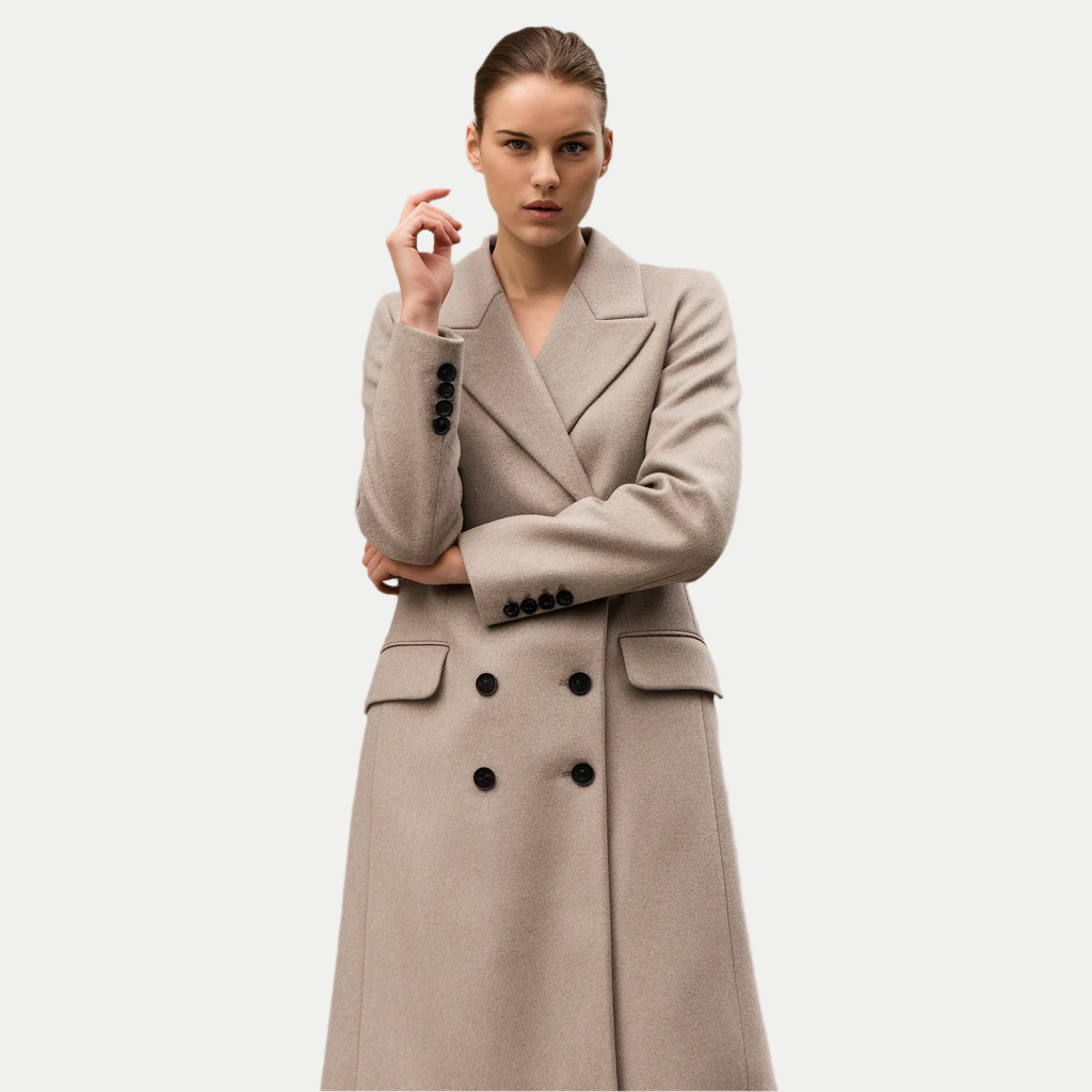 Sophisticated Taupe Wool Long Coat – Double-Breasted and Elegant