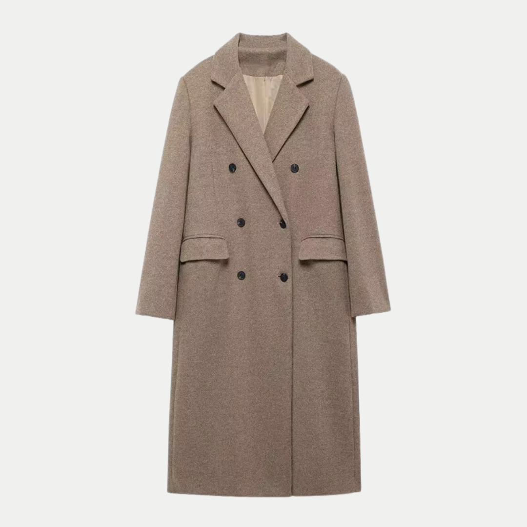 Sophisticated Taupe Wool Long Coat – Double-Breasted and Elegant