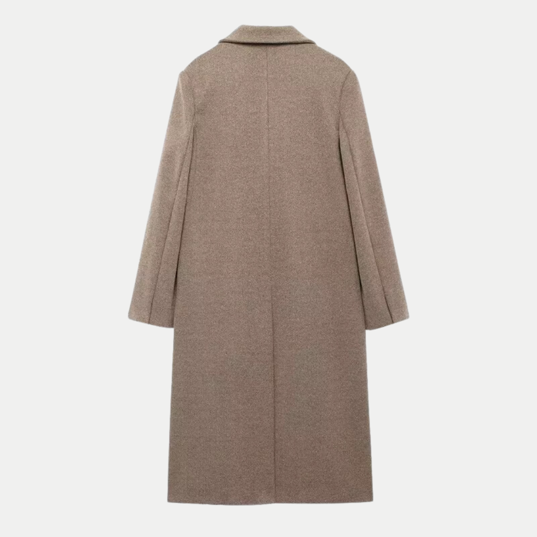 Sophisticated Taupe Wool Long Coat – Double-Breasted and Elegant