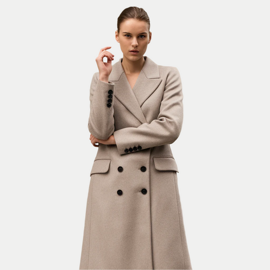 Sophisticated Taupe Wool Long Coat – Double-Breasted and Elegant