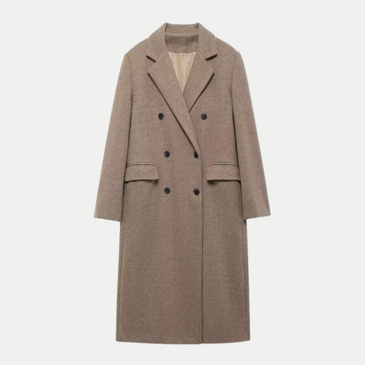 Sophisticated Taupe Wool Long Coat – Double-Breasted and Elegant