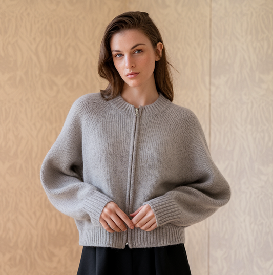 Vintage Round Neck Wool Cardigan with Zipper – Cozy and Stylish